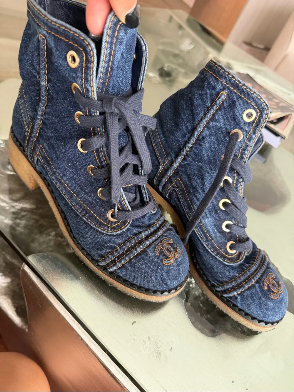 CHANEL combat Denim Lace-Up Sneakers in Dark Blue with Contrasting Stitching